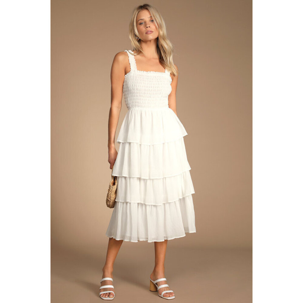 Lulus Sunshine And Bliss White Smocked Tiered Midi Dress - Size M